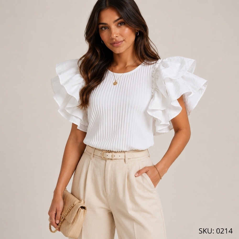 Marc‎ New York Andrew Marc White Pleated Ruffle Sleeve Top Blouse Size M 0214
